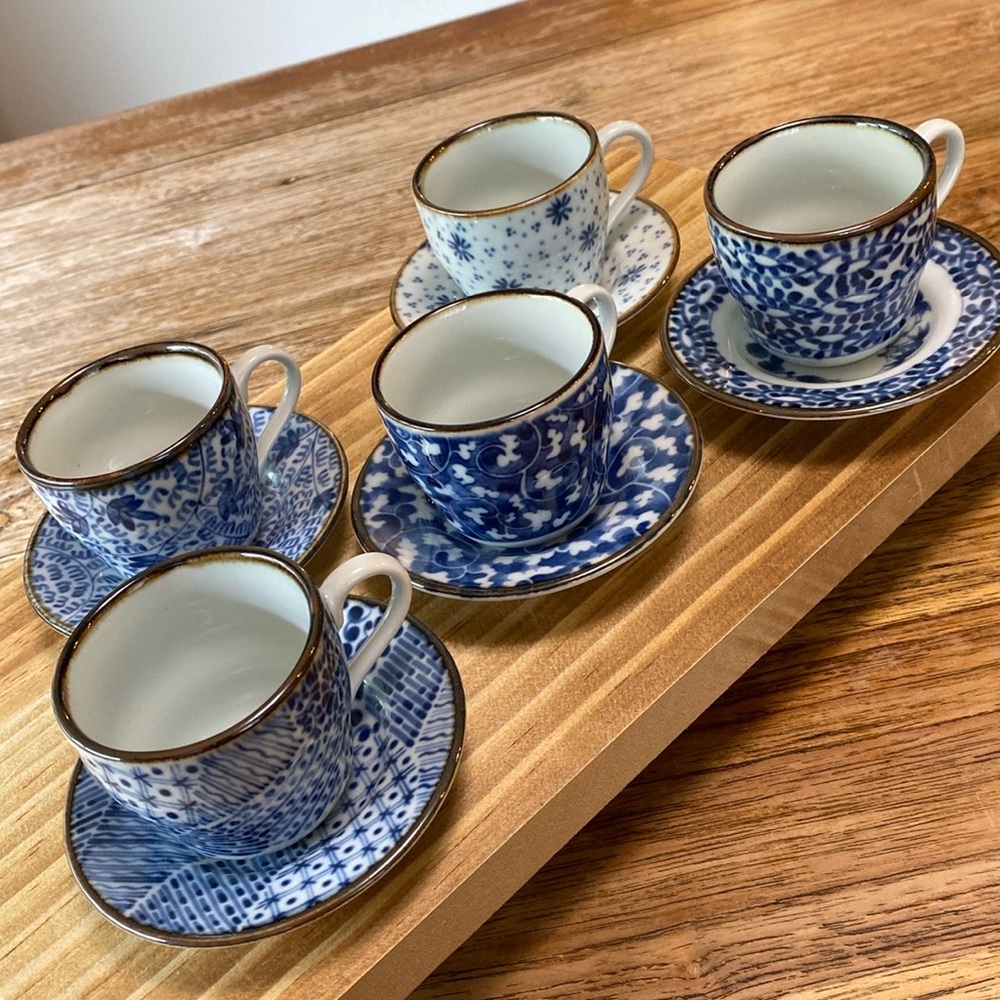 Vintage Japanese Teacup & Saucer Set w/Floral Blue & White Design.